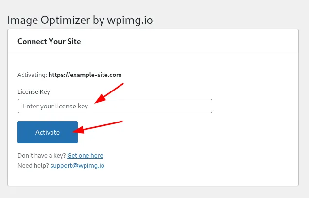 WPimg settings page with license key field